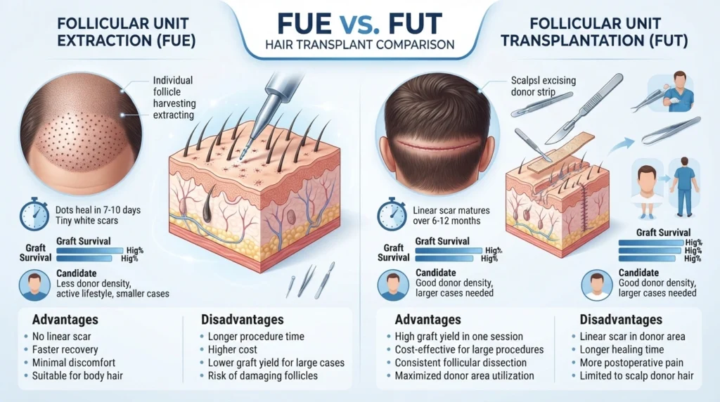Medical comparison of FUE and FUT hair transplant procedures showing extraction methods, scarring, recovery time, graft capacity, and ideal candidates for each technique.
