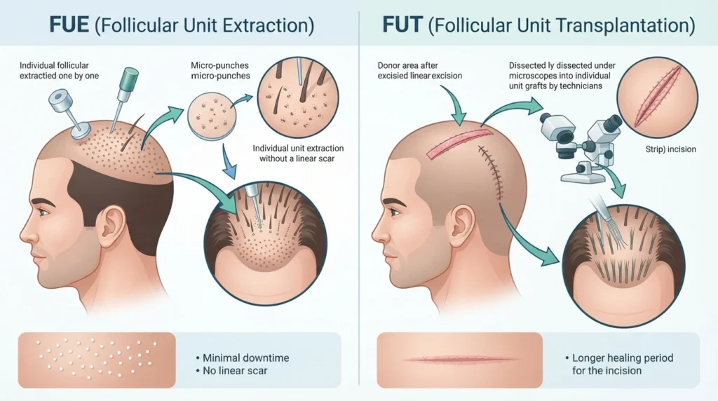 Medical comparison showing differences between FUE and FUT hair transplant techniques.