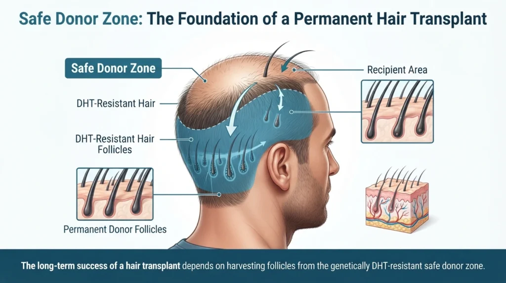 Medical illustration highlighting the safe donor zone and DHT-resistant hair follicles used for permanent hair transplantation.