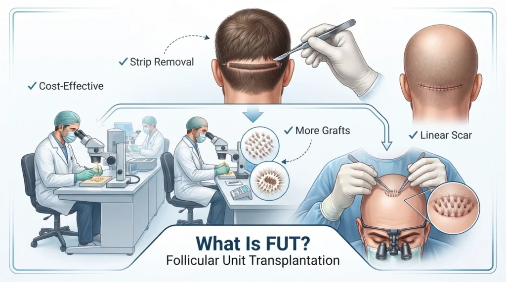 Medical illustration of FUT hair transplant strip method showing donor strip removal, graft dissection, implantation, stitches, and linear scar.