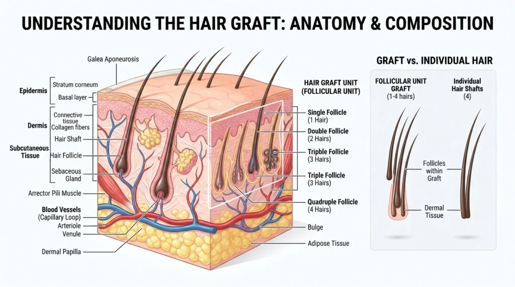 Medical illustration showing one hair graft containing one to four hair follicles.