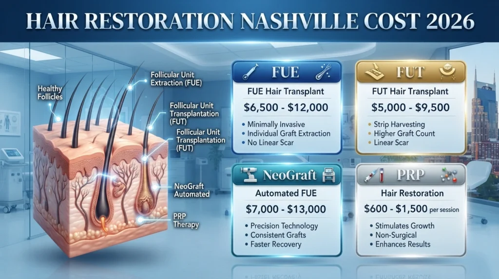 Medical infographic comparing FUE, FUT, and PRP hair restoration treatments.
