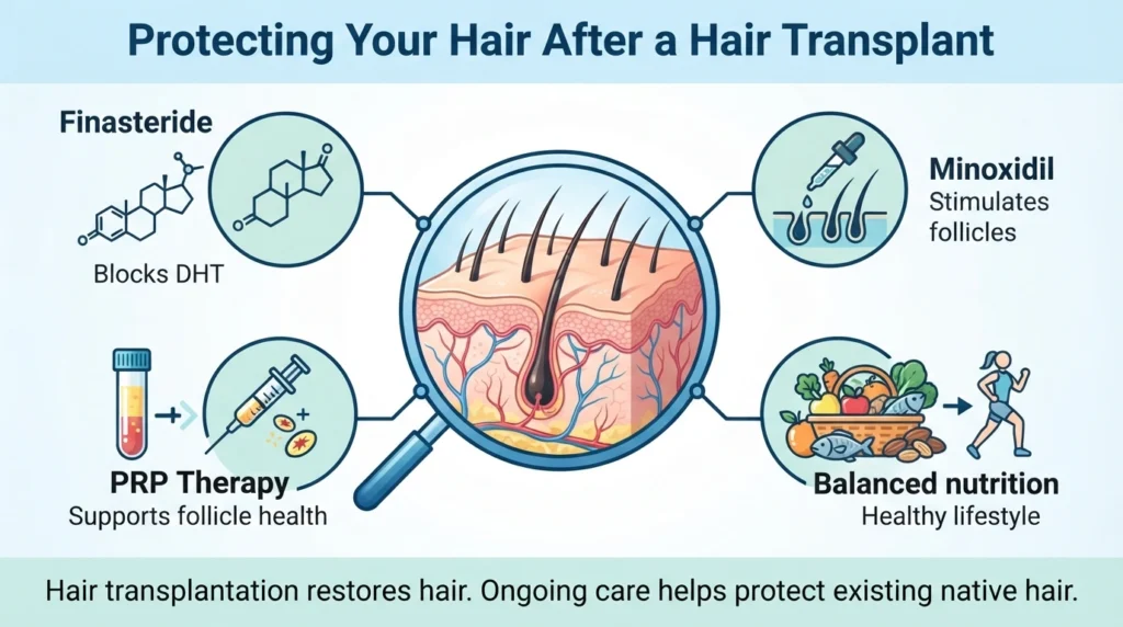 Medical infographic explaining how finasteride, minoxidil, PRP therapy, and healthy habits help maintain hair transplant results.