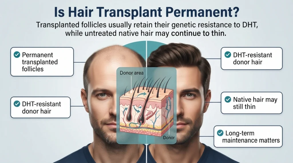 Medical infographic explaining whether a hair transplant is permanent and how DHT-resistant donor hair provides long-term results.