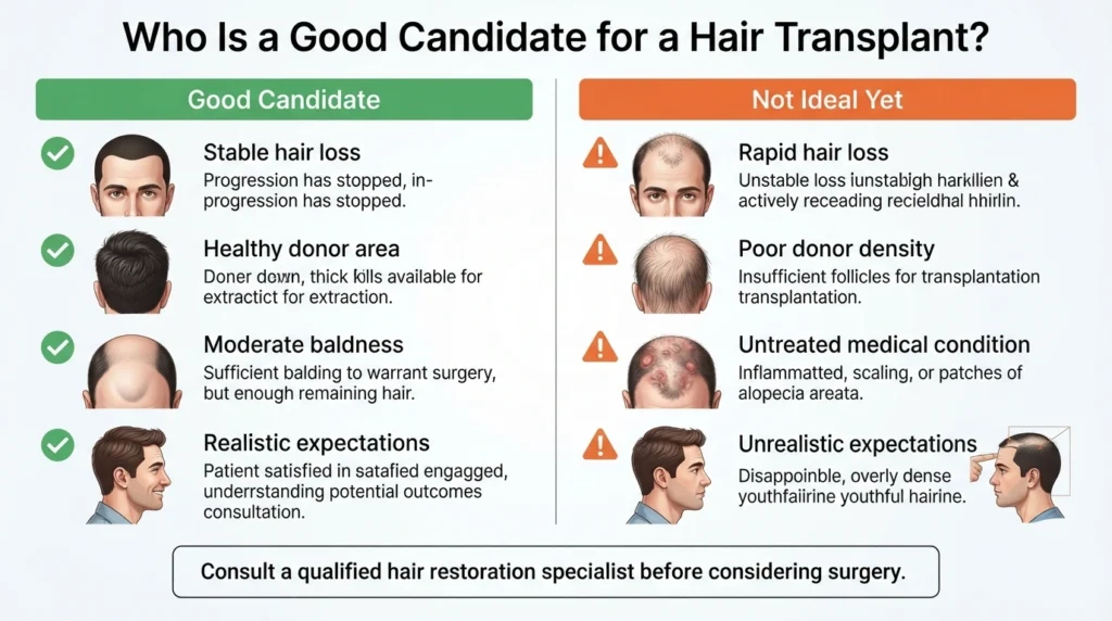 Medical infographic showing the characteristics of good and poor candidates for hair transplant surgery.