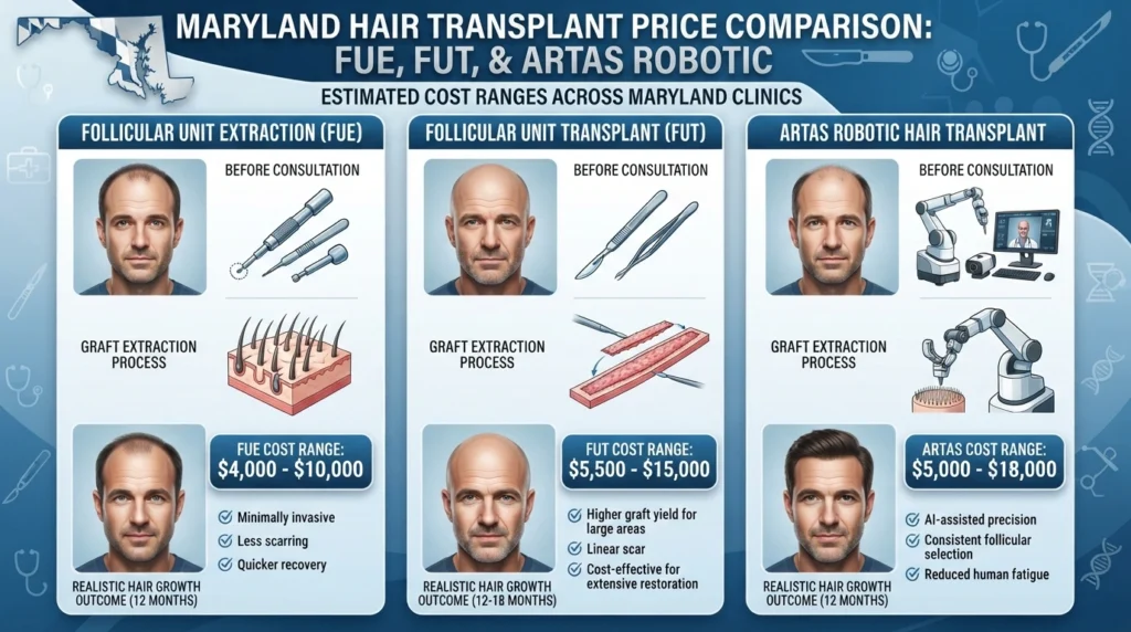 Modern Maryland hair transplant clinic with board-certified surgeon consulting a patient