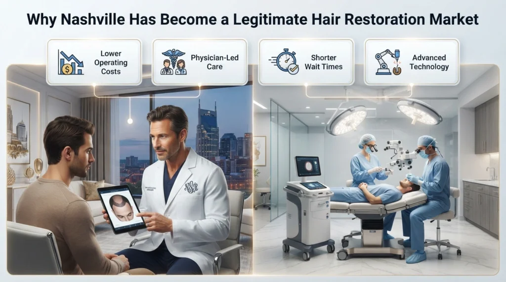 Modern Nashville hair restoration clinic highlighting physician-led care and advanced transplant technology.
