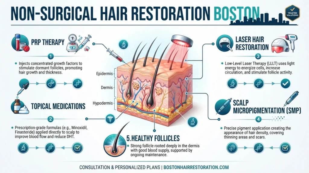 Non-surgical hair restoration treatments including PRP therapy, laser therapy and scalp treatments in Boston