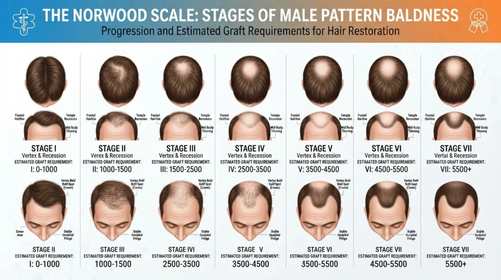Norwood scale infographic showing hair loss stages and estimated graft requirements.