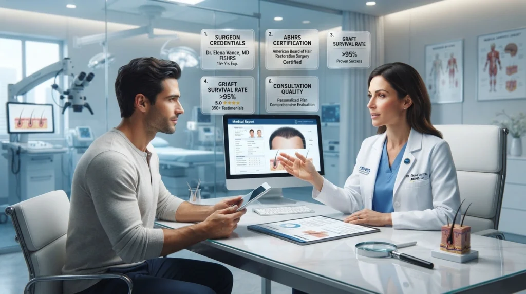 Patient consulting hair transplant surgeon in clinic showing decision factors like certification cost graft survival and results evaluation