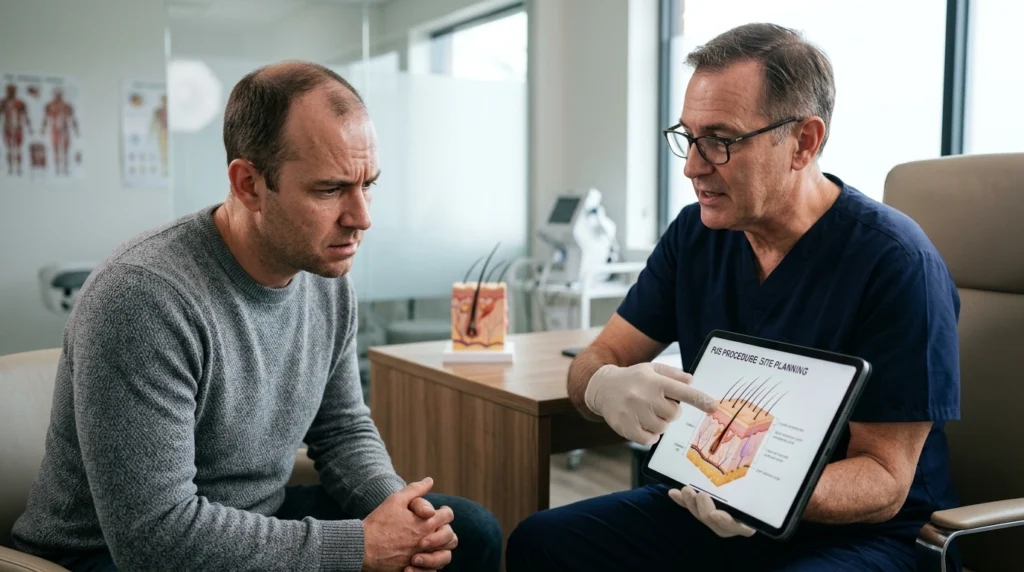Patient discussing hair transplant pain and recovery expectations with a hair restoration surgeon before FUE surgery.