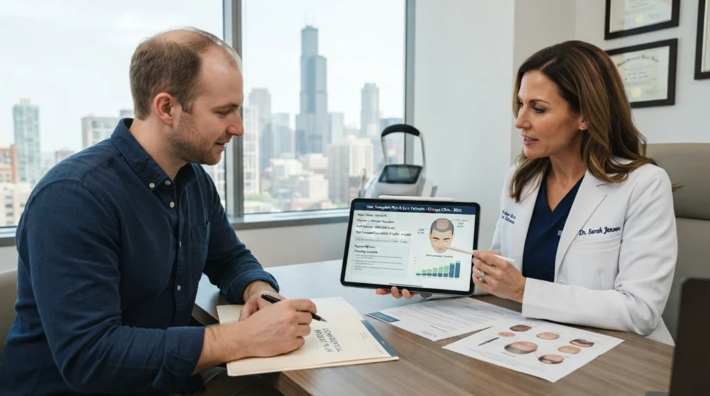 Patient reviewing hair transplant cost and treatment plan during a Chicago clinic consultation.