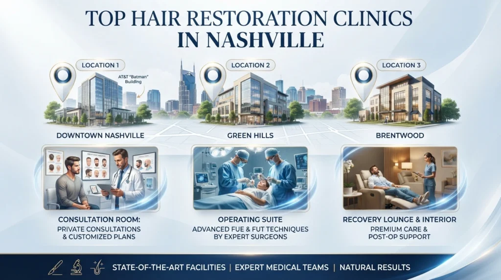 Premium editorial illustration of leading hair restoration clinics in Nashville.