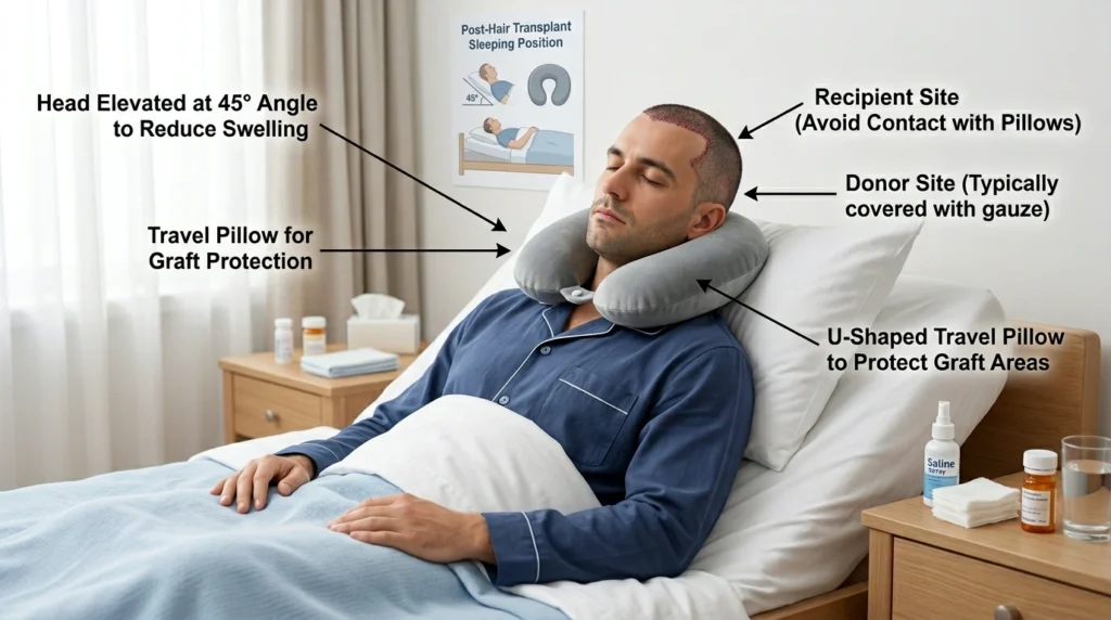 Recommended sleeping position after hair transplant surgery.