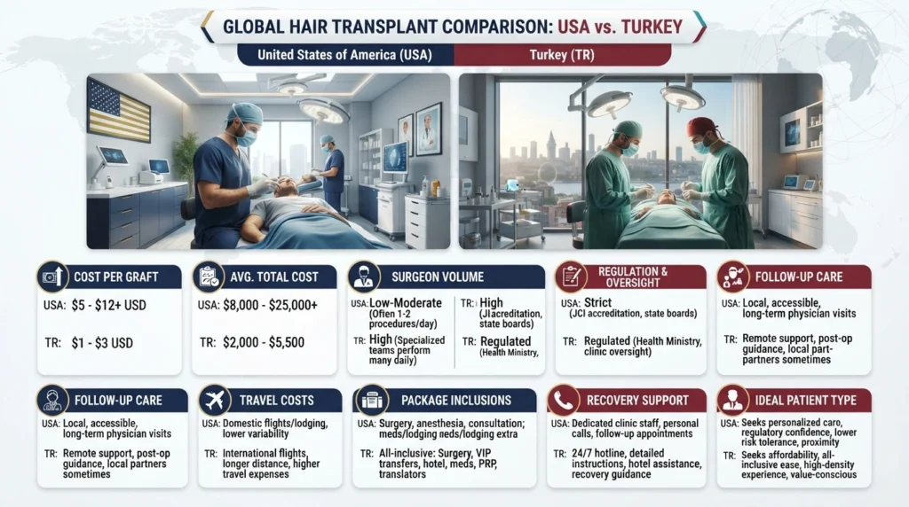 Research infographic comparing hair transplant treatment in the USA and Turkey.