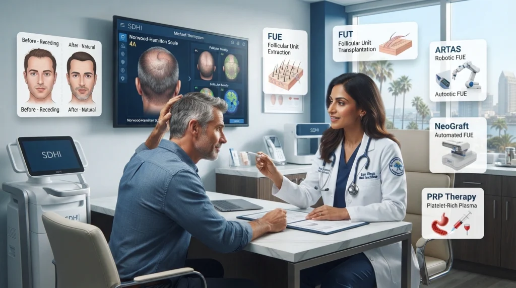 San Diego hair transplant consultation showing a board-certified surgeon explaining FUE, FUT, ARTAS, and NeoGraft options with digital scalp analysis and 2026 treatment cost overview.