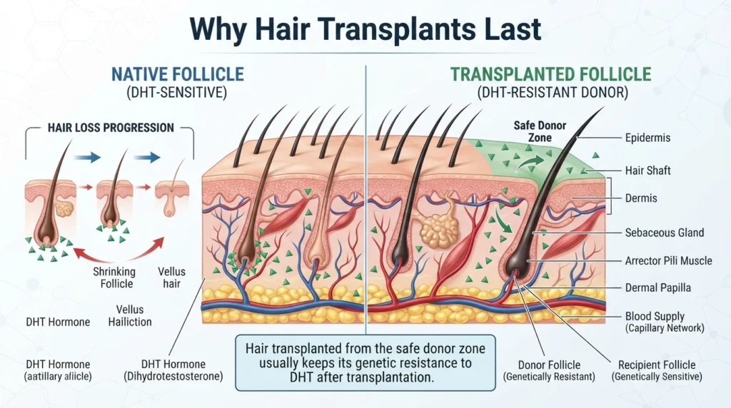 Scientific infographic showing how DHT-resistant donor hair follicles continue growing after hair transplantation.