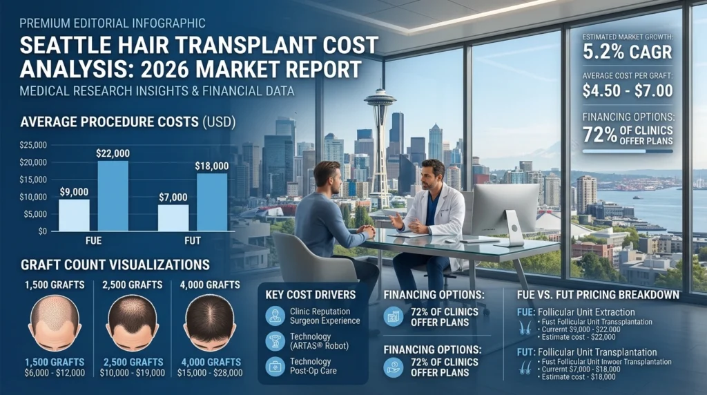 Seattle hair transplant cost infographic showing 2026 FUE, FUT, NeoGraft, ARTAS, and DHI pricing, graft count ranges, per-graft costs, and procedure comparisons in a modern Seattle medical clinic setting.