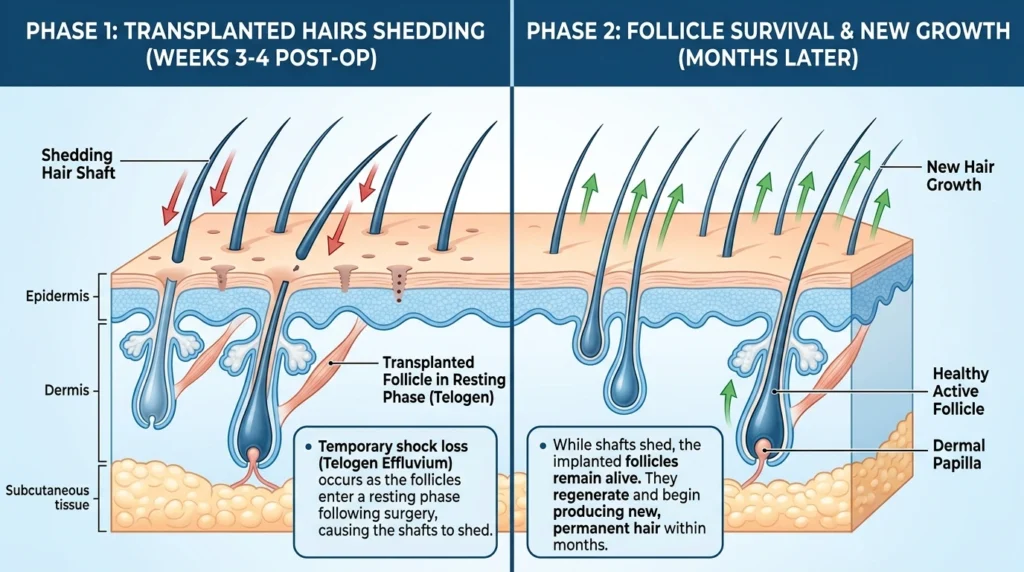 Shock loss after hair transplant showing temporary hair shedding while follicles remain healthy beneath the scalp