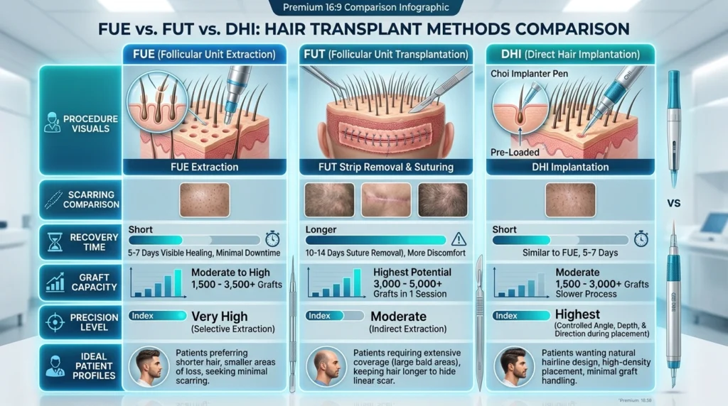 Side-by-side comparison of FUE, FUT, and DHI hair transplant methods including recovery time, scarring, and graft capacity.
