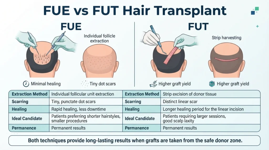 Side-by-side comparison of FUE and FUT hair transplant techniques, including extraction method, scarring, recovery, and permanence.