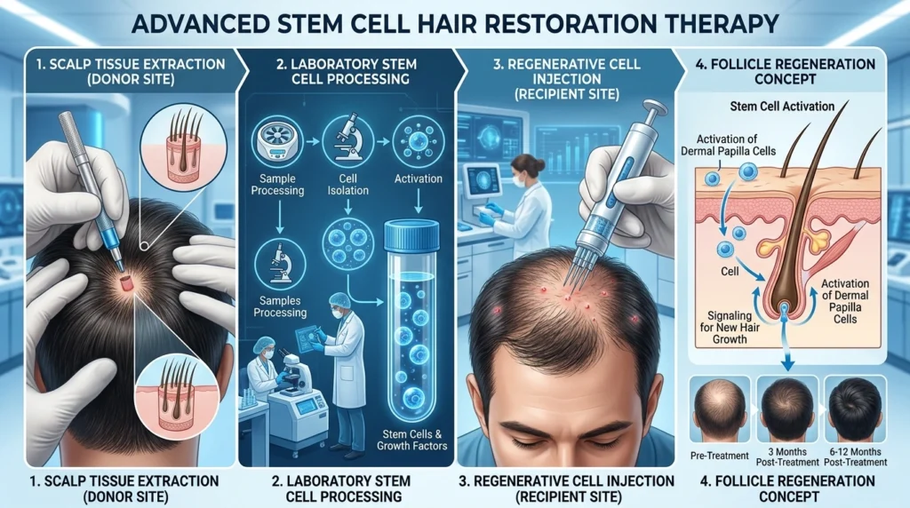 Stem cell hair restoration treatment showing regenerative cell therapy and scalp follicle stimulation for hair growth.