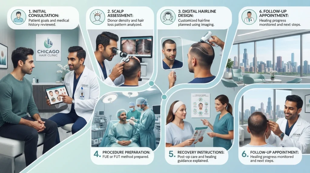 Step-by-step hair transplant journey from consultation to recovery at a Chicago clinic.