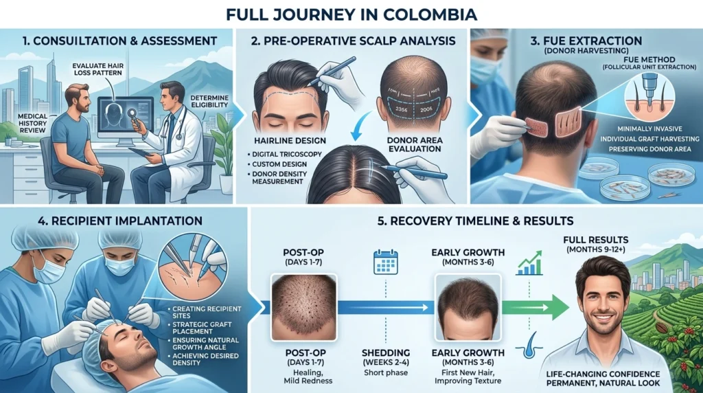 Step by step hair transplant journey showing consultation extraction implantation recovery and hair growth stages infographic