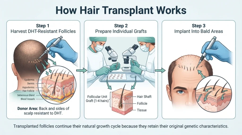 Step-by-step medical illustration showing donor hair extraction, graft preparation, and implantation during a hair transplant procedure.