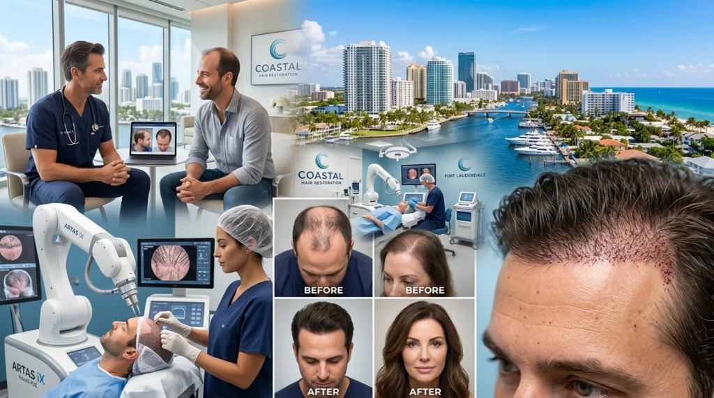 Top hair transplant clinics in Fort Lauderdale featuring ARTAS robotic FUE technology, experienced surgeons, modern clinic interiors, and natural-looking hair restoration results in 2026.