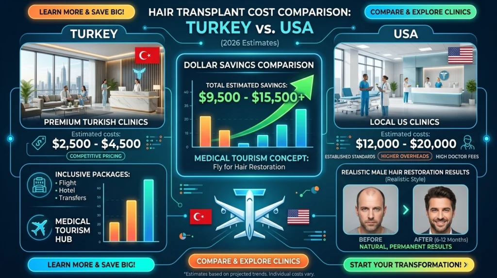 Turkey vs USA hair transplant cost comparison infographic for 2026