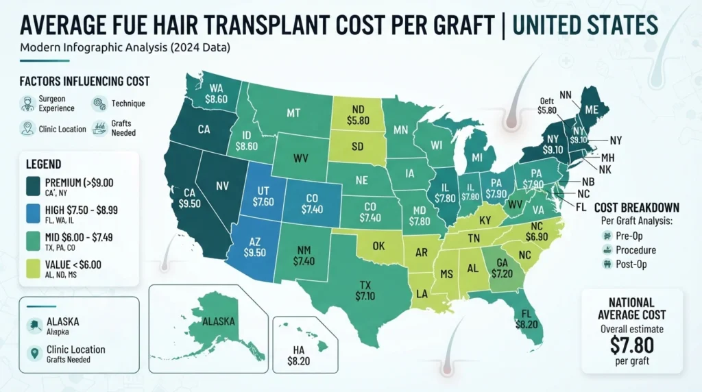 US map showing average hair transplant cost per graft by state.