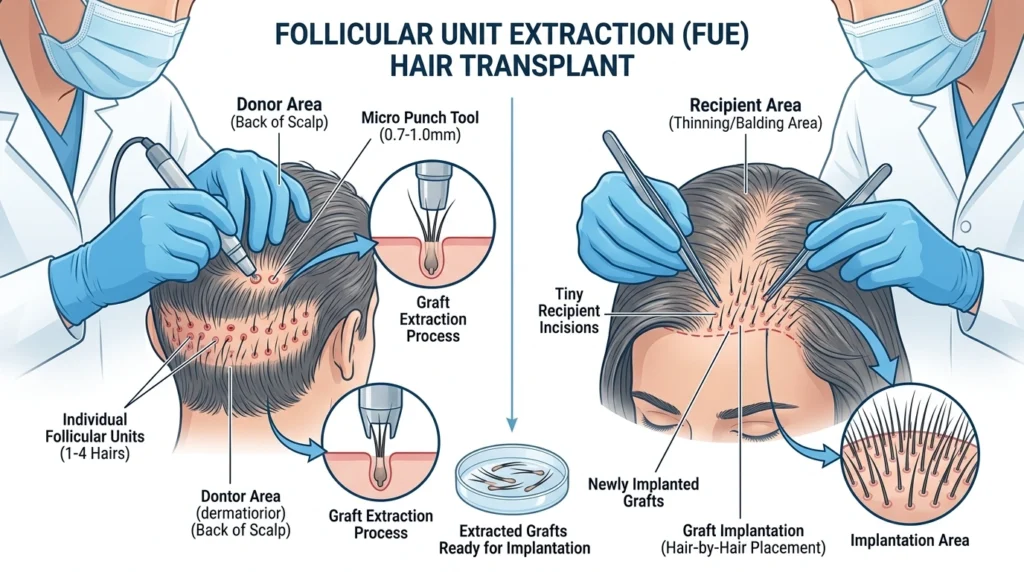 FUE hair transplant procedure showing follicular unit extraction from donor area and implantation into thinning scalp in a clinical setting