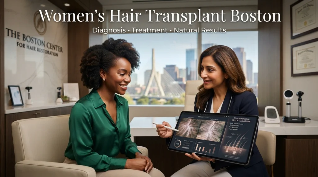 Woman consulting a hair restoration specialist in Boston for female hair transplant evaluation and treatment