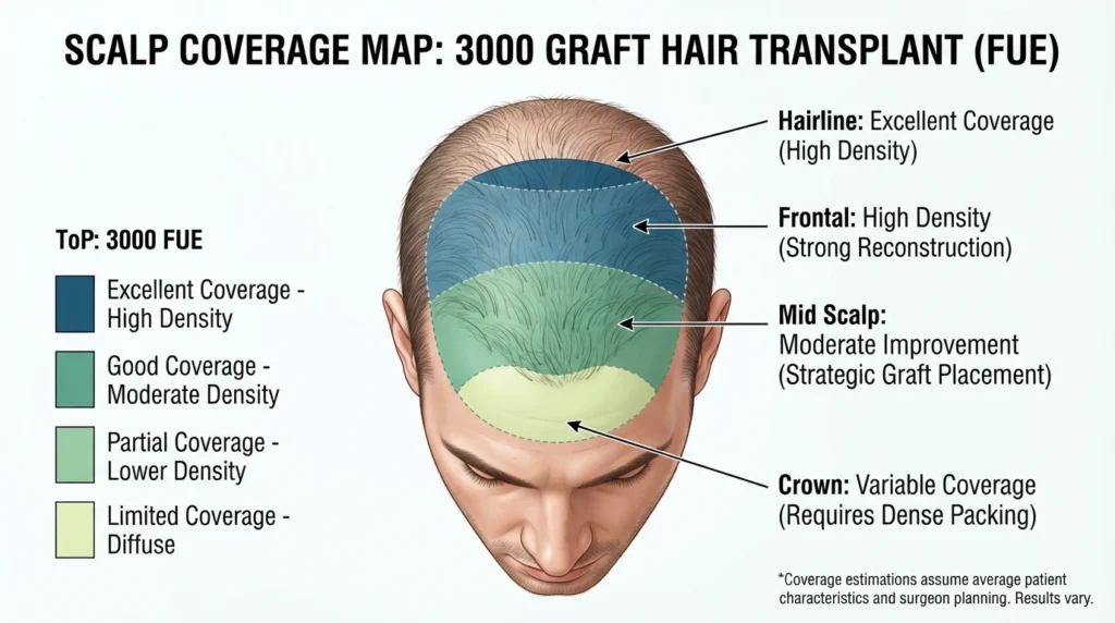 3000 grafts hair transplant coverage area showing hairline frontal scalp mid scalp and crown zones