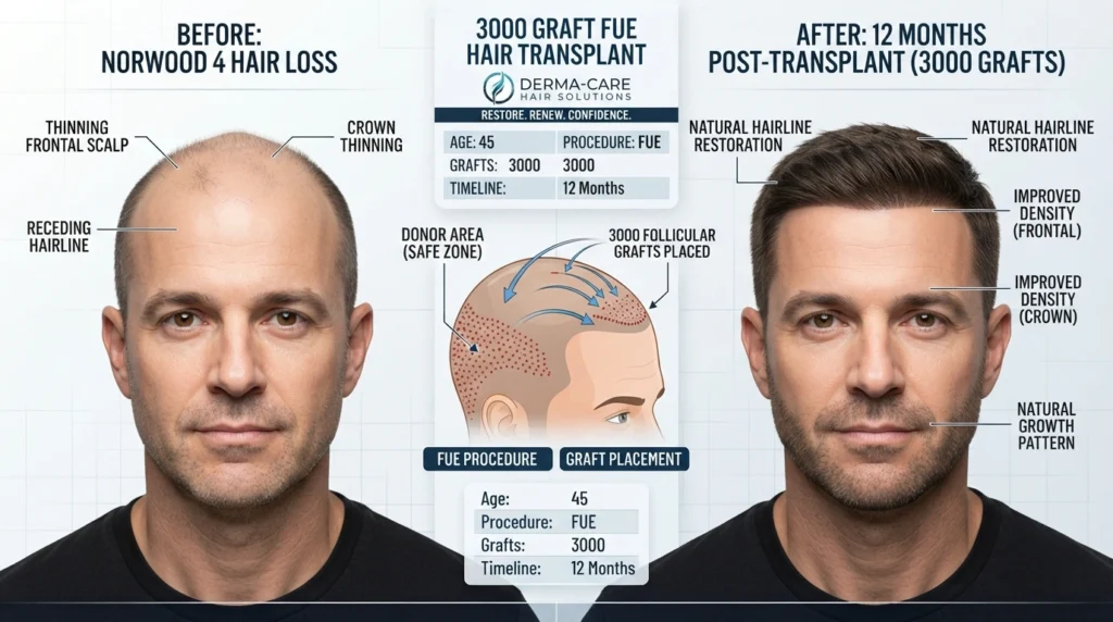3000 grafts hair transplant results showing before and after hair restoration with natural hairline growth