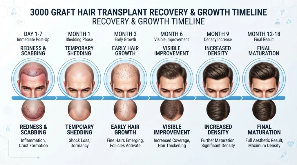 3000 grafts hair transplant timeline from surgery day to 12 month hair growth results
