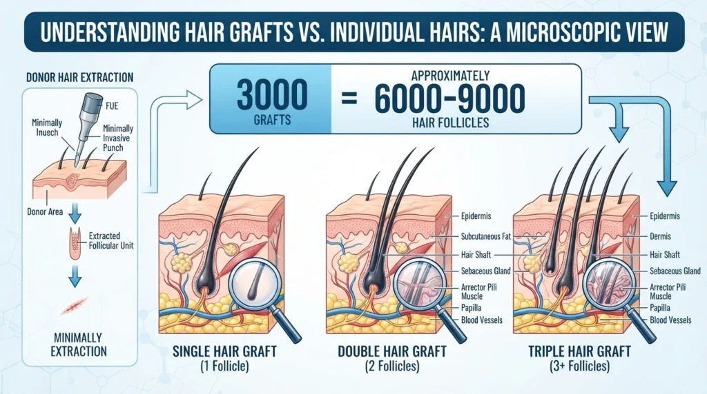 3000 hair transplant grafts explained showing follicular units and estimated 6000 to 9000 hairs