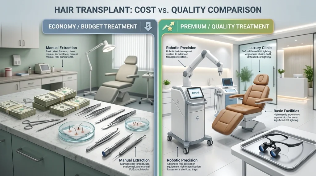 Cheap vs quality hair transplant comparisonUSA