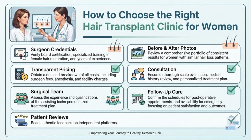 Checklist for choosing the right female hair transplant clinic and qualified surgeon