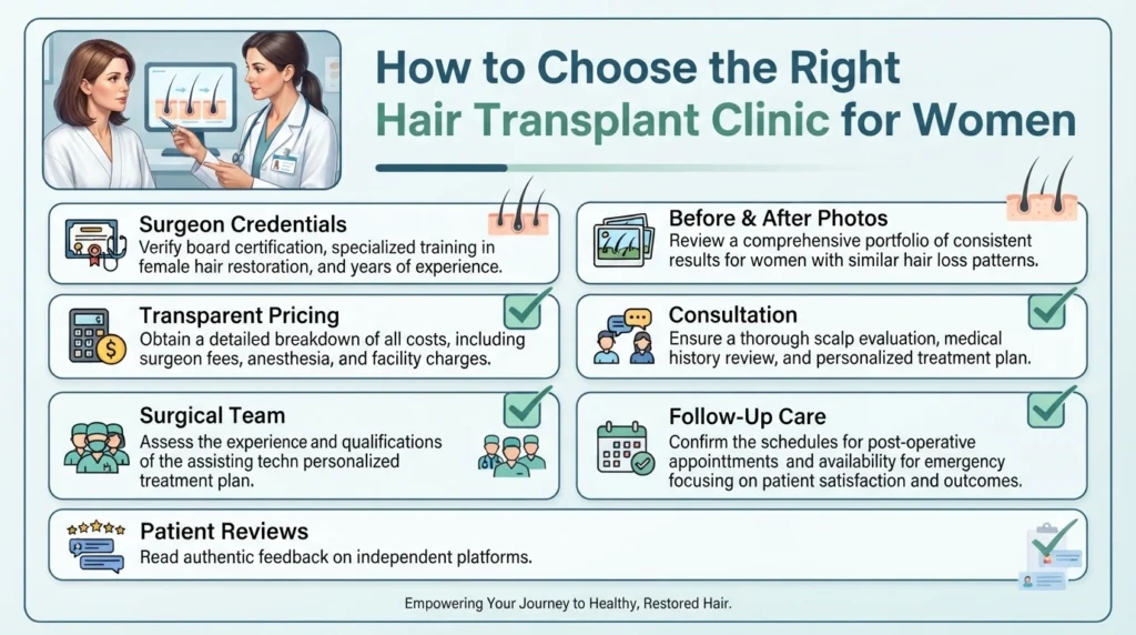 Checklist for choosing the right female hair transplant clinic and qualified surgeon