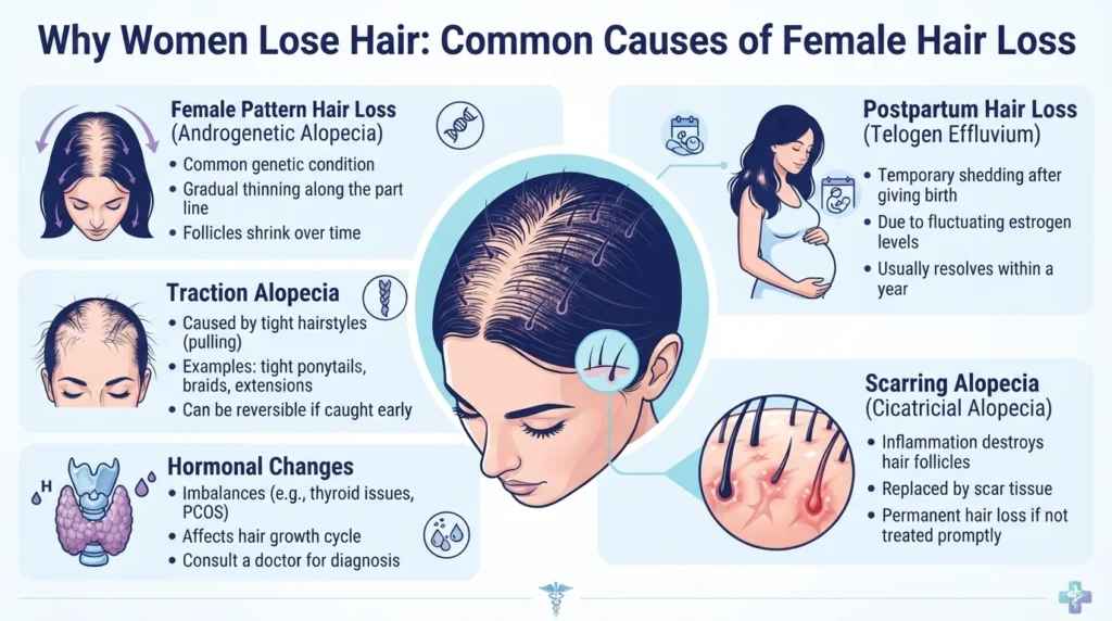 Common causes of female hair loss including female pattern hair loss, traction alopecia and hormonal changes
