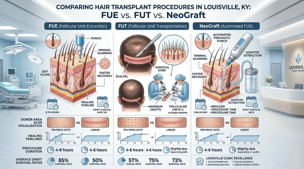 Comparison chart of FUE, FUT, and NeoGraft hair transplant procedures in Louisville KY showing scars, recovery time, and graft survival rates.