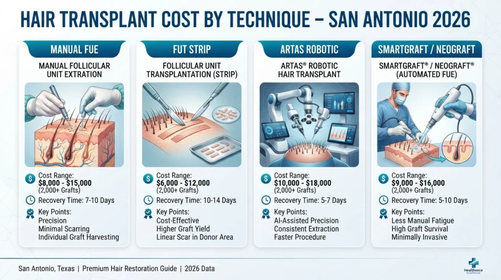 Comparison of FUE, FUT, ARTAS robotic and SmartGraft hair transplant techniques with average costs and recovery in San Antonio.