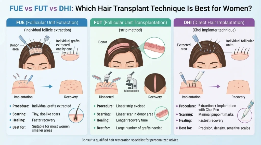 Comparison of FUE FUT and DHI hair transplant techniques for women