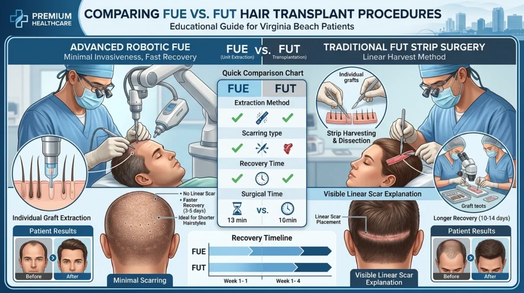 Detailed comparison image showing FUE vs FUT hair transplant methods, recovery differences, scarring, and hair restoration outcomes in Virginia Beach.