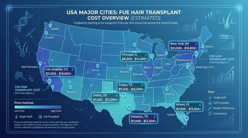 FUE hair transplant cost in USA cities map showing New York Los Angeles Chicago Miami prices