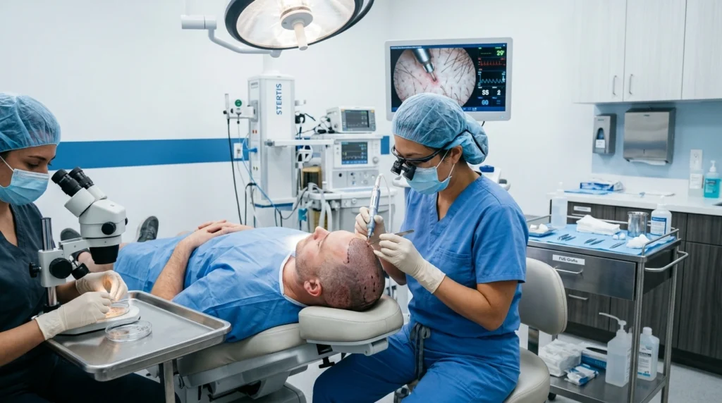 FUE hair transplant procedure in USA clinic showing modern surgical treatment