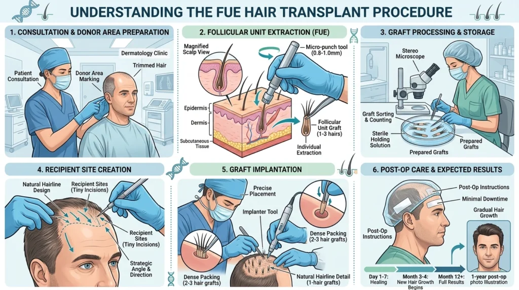 FUE hair transplant step by step follicle extraction and implantation medical diagram Joel McHale's hair transplant