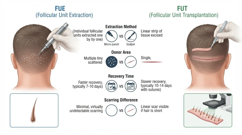FUE vs FUT hair transplant comparison showing extraction methods donor area and scarring differences